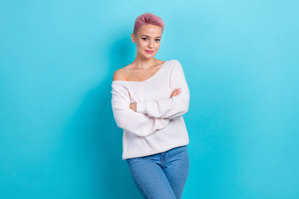 Photo of stunning serious successful lady wear white sweater arm folded promoting new boutique isolated on blue color background. - Fotó, kép