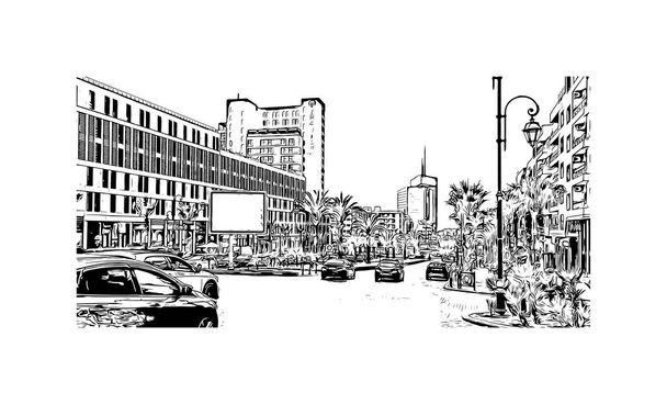 Print Gebouw met bezienswaardigheid van Rabat is de hoofdstad van Marokko. Handgetekende schets illustratie in vector. - Vector, afbeelding