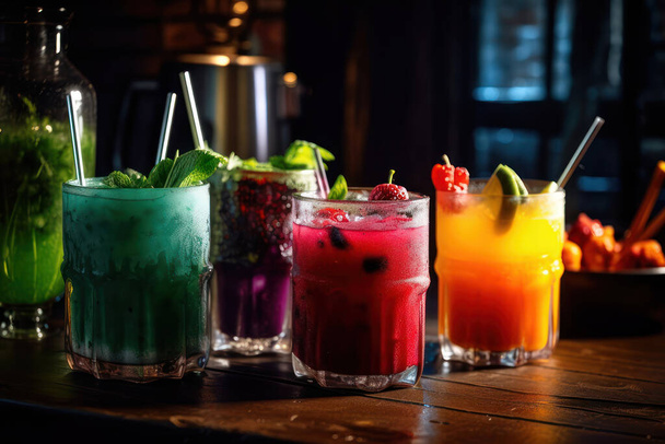 cocktails with different drinks and fruits on the table - Fotografie, Obrázek