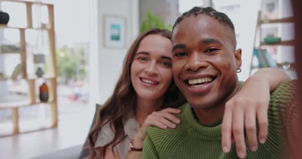 Interracial couple, smile and selfie of influencer for vlog, social media or profile picture together at home. Portrait of happy man and woman in relationship smiling for live streaming or video call. - Footage, Video