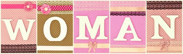 Word Woman with wooden white letters on polka dots collage background - Valokuva, kuva