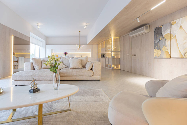 trendy modern interior design of a large studio in white and beige colors with large floor to ceiling windows. area of white kitchen with an island and a recreation area - 写真・画像