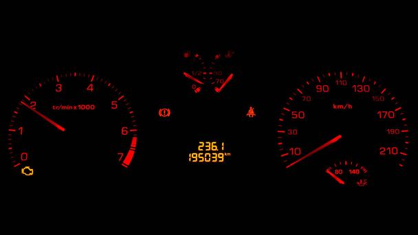 Backlit car control panel showing automotive meters. Speed meter. Torque meter. Fuel level. Mileage. Temperature meter - Photo, Image