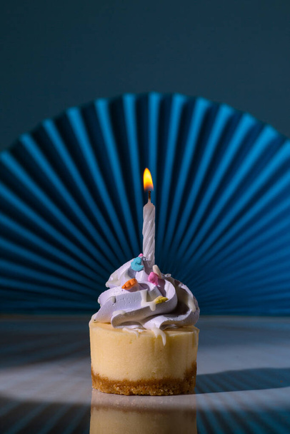 Dramatic portrait of a mini cheesecake with purple icing and a birthday candle with blue background - Foto, Imagem