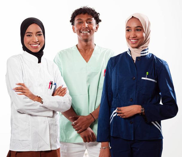 Closeup front view of group of mixed age doctors and nurses standing side by side and looking at the camera. Young Middle Eastern female in a team with African American black doctor. High quality - Foto, afbeelding