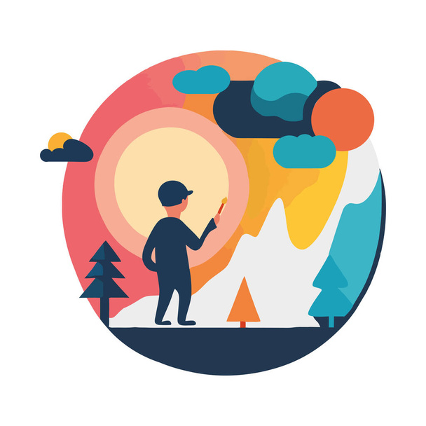 Businessman travels to mountain work art isolated - Vector, Image