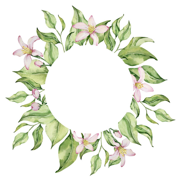 Round frame of watercolor lemons flowers and leaves for invitation design - Photo, Image