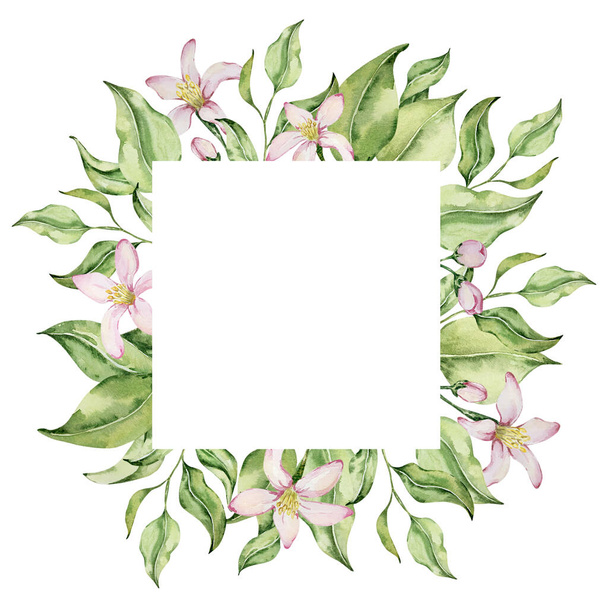 Square frame of watercolor lemons flowers and leaves for invitation design - Фото, зображення