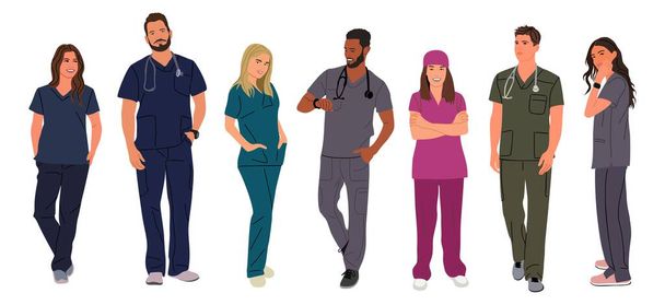 Lächelnde Ärzte, Krankenschwestern, Sanitäter. Verschiedene Sanitäter in Uniform schrubben mit Stethoskopen. Flache, realistische Vektor-Illustration auf transparentem Hintergrund.  - Vektor, Bild