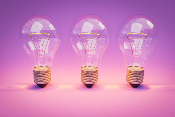 three retro style lightbulbs with glowing filament standing in row on infinite colorful background; creativity design concept; 3D Illustration - Valokuva, kuva