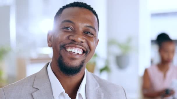 Afrikaanse zakenman, gezicht en glimlach in het kantoor met vertrouwen, motivatie en geluk bij het opstarten. Ceo, zwarte zakenman en gelukkig in portret op corporate werkplek voor visie ondernemerschap. - Video