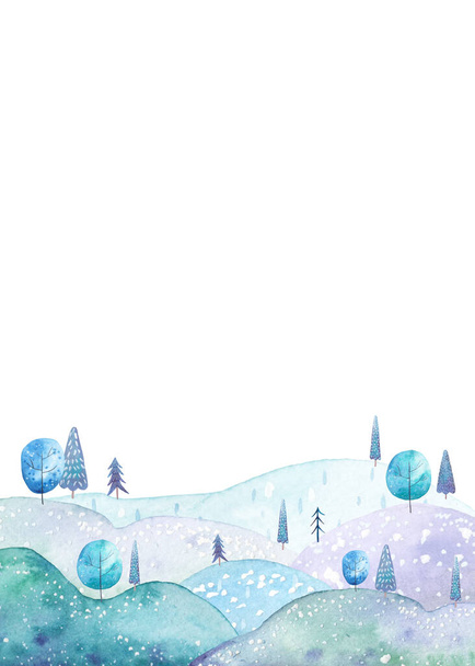 paisagem com colinas e árvores, ilustração infantil aquarela bonito - Foto, Imagem