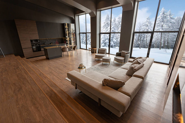 chic modern design of a dark expensive interior of a luxurious country house with huge panoramic windows and a magnificent view of the divine forest - Foto, immagini