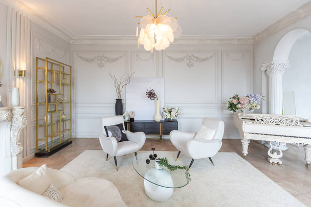 rich luxurious interior of a cozy room with modern stylish furniture nd grand piano, decorated with baroque columns and stucco on the walls - 写真・画像