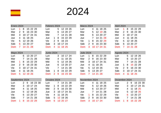 calendar of year 2024 in Spanish language with Spain public holidays - Vector, Image