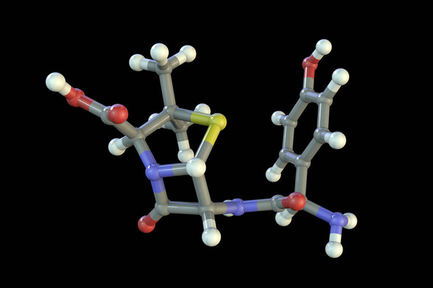 Molecular model of amoxicillin, an antibiotic used to treat a number of bacterial infections, including pneumonia, dental abscesses and urinary tract infections, 3D illustration - Foto, Imagen