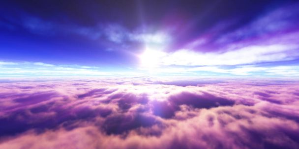 boven wolken vliegen zonsondergang zon straal illustratie, 3d renderen - Foto, afbeelding