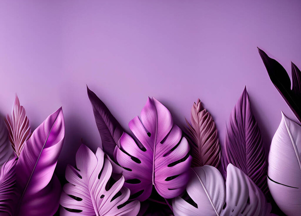 kolekcja liści tropikalnych w pastelowym fioletowym kolorze, pastelowe fioletowe tło z przestrzenią do kopiowania - Zdjęcie, obraz