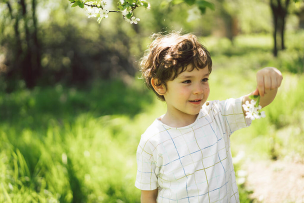 Boldog kisfiú, aki a tavaszi kertben sétál. Gyerekjáték egy cseresznyefa ágával és szórakozás. A természet felfedezője. A baba jól érzi magát. Tavaszi tevékenység érdeklődő gyermekek számára. - Fotó, kép