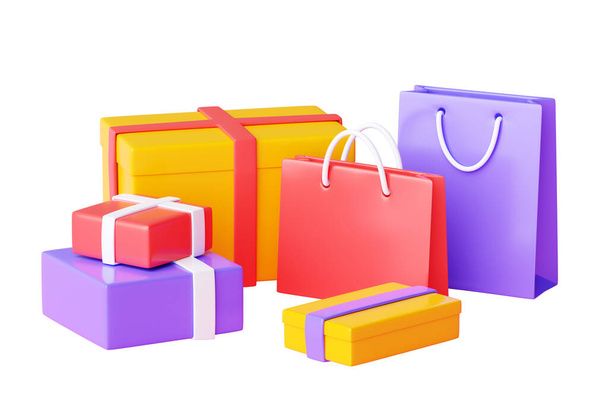 ショッピングバッグとボックス杭3Dレンダリング-さまざまなショップやギフト紙パックのグループ。コンセプトを売買するためのカラー包装で商品を購入し、配送する. - 写真・画像