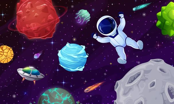 Cartoon astronaut character in outer space and planets in galaxy, vector background. Spaceman on spaceflight in starry sky with galaxy stars and alien UFO, kids fantasy space with comets and asteroids - Vector, Image