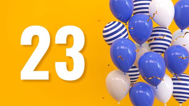 The inscription 23 on a yellow background with balloons, golden confetti, serpentine. Greeting card, bright concept, illustration. 3d render - Fotoğraf, Görsel