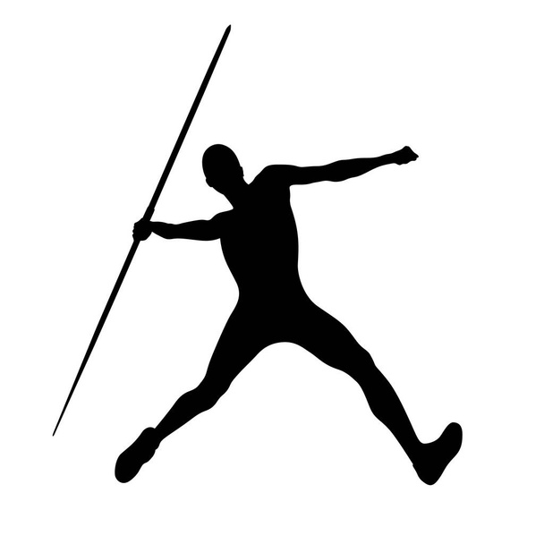 atleta lanzador jabalina lanzar en la silueta de decatlón negro sobre fondo blanco, vector de ilustración, juegos de deportes de verano - Vector, imagen