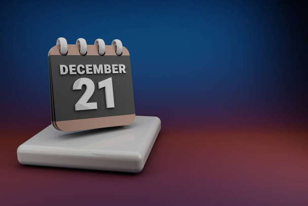 Standing black and red month lined desk calendar with date December 21. Modern design with golden elements, 3d rendering illustration. Blue gray background.	 - Foto, Imagen