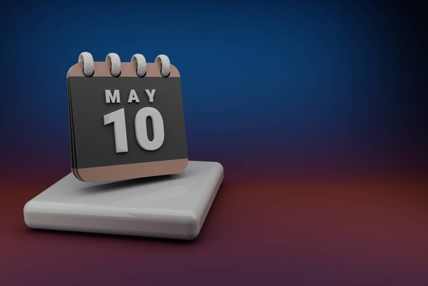 Standing black and red month lined desk calendar with date May 10. Modern design with golden elements, 3d rendering illustration. Blue gray background.	 - Fotoğraf, Görsel