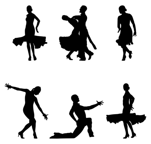 набор танцевальных пар в танцевальных видах спорта черный силуэт на белом фоне, спортивная векторная иллюстрация - Вектор,изображение