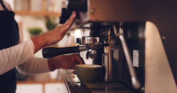 Coffee machine, barista hands and woman in cafe, prepare latte or espresso drink with service and premium blend caffeine. Hot beverage, person working in restaurant and cup with brewing process. - Photo, Image