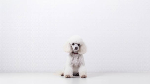 white dog sitting on floor with a toy - Foto, Bild
