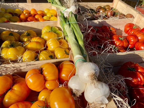Kolorowe odmiany pomidorów sprzedawane na lokalnym rynku rolnym w Aix en Provence we Francji. Wysokiej jakości zdjęcie - Zdjęcie, obraz