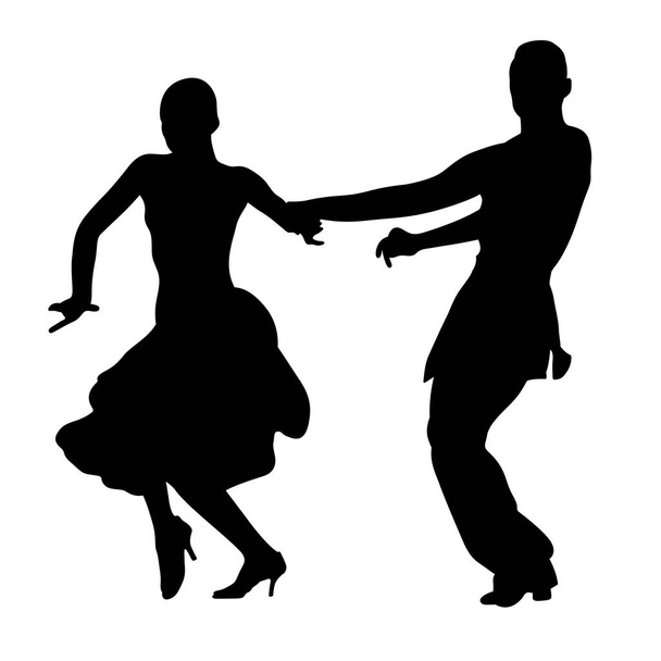 dancing couple man and woman holding hands, dancing foxtrot, black silhouette on white background, vector illustration - Διάνυσμα, εικόνα
