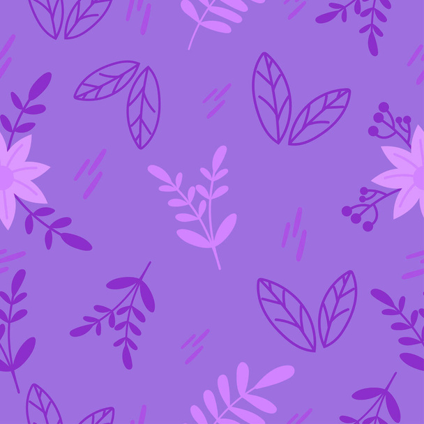 Небольшие цветочные и листья на фиолетовом фоне. векторный бесшовный шаблон - Вектор,изображение