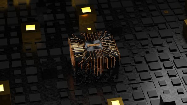 3d rendering of an abstract background of cubes and tiles. A large cube in the center with a platinum plaque and the text POWER. Golden lines of energy flows diverge to the sides. - Photo, Image