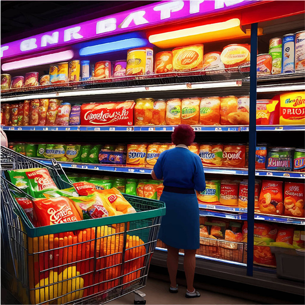 This illustration depicts a realistic 3D grocery store with a lady in a blue dress searching for products. Various grocery items are displayed on the shelves in the background. - Vector, Image
