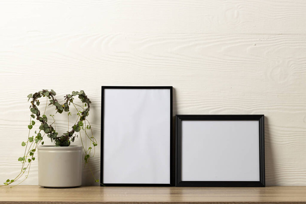 Black empty frames with copy space and heart shape plant on table against white wall. Mock up frame template, interior design and decoration. - Photo, image
