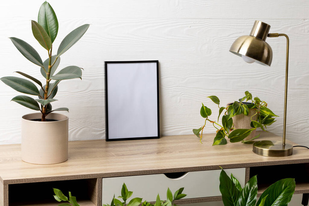Black empty frame with copy space, lamp and plants in pots on table against white wall. Mock up frame template, interior design and decoration. - Fotografie, Obrázek