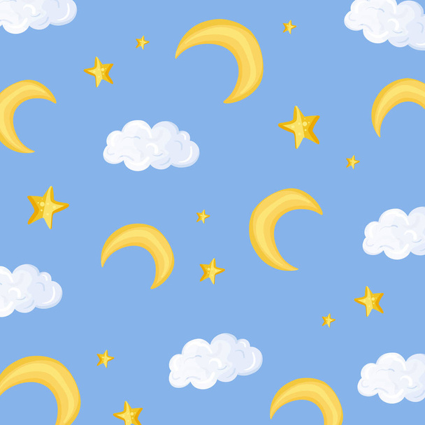 Μοτίβο με κίτρινο φεγγάρι και αστέρια σε μπλε φόντο. Σε στυλ καρτούν. Εικονογράφηση διανύσματος - Διάνυσμα, εικόνα
