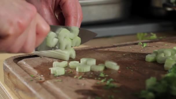 inseguimento colpo di mani cuochi taglio del sedano, preparazione del cibo - Filmati, video