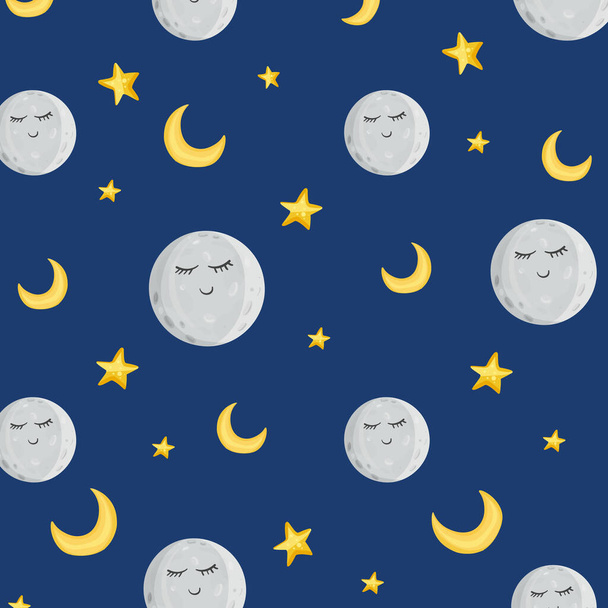 Muster niedliche Monde und Sterne am blauen Himmel. Im Cartoon-Stil. Vektorillustration - Vektor, Bild