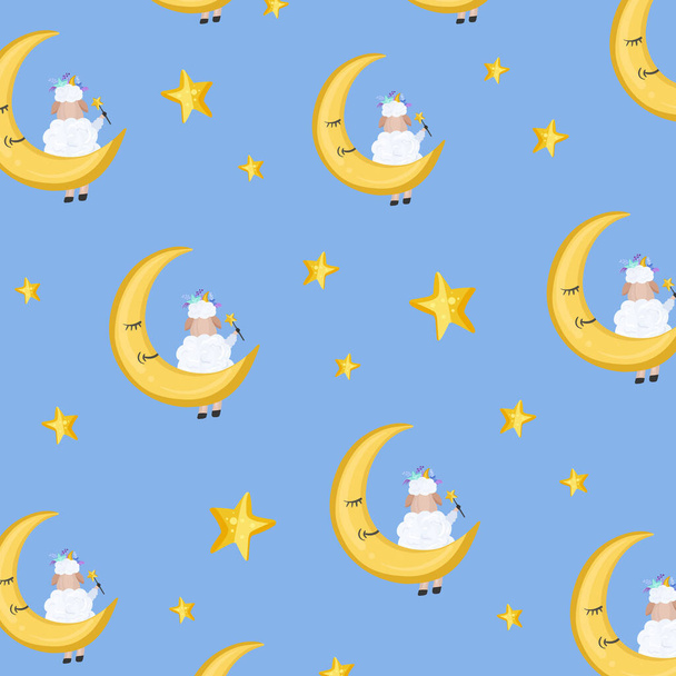 Pattern with cartoon sheep on a moon with the stars on the light blue background. Vector illustration - Вектор,изображение