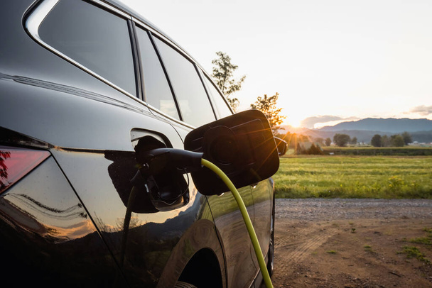 Power cable connected with a charger plugged into a black electric car, sun, and tree in the background, close up - Fotoğraf, Görsel
