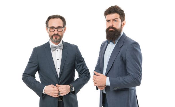 Confidence and charisma. mature men have own business. business meeting. team success. bearded businessmen in formal suit. partnership of boss men isolated on white. collaboration and teamwork. - Fotó, kép