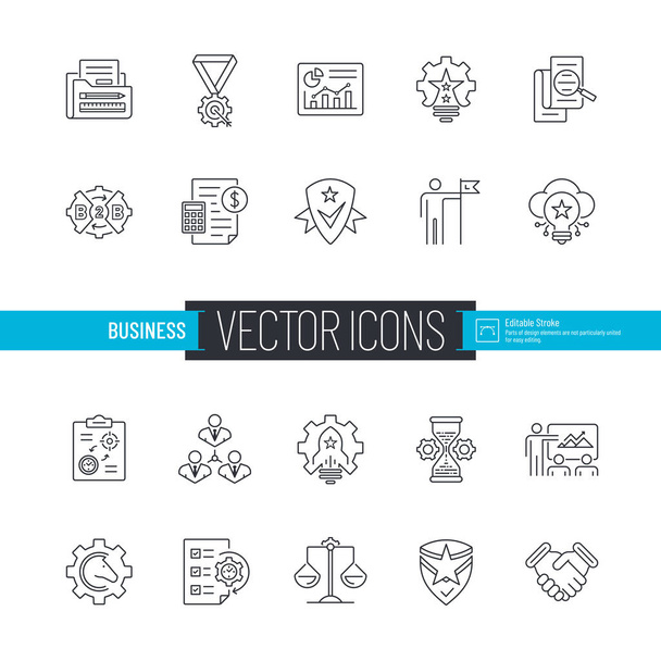 Business line symbols containing such as organization, startup, innovation, strategy, analysis, teamwork, brand management, planning, leadership, b2b, partnership and more. Set of 20 business conceptual isolated vector icons. - Vektor, kép