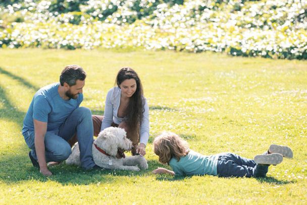Happy young family with pet dog spending time together outside in green nature - Foto, Imagem