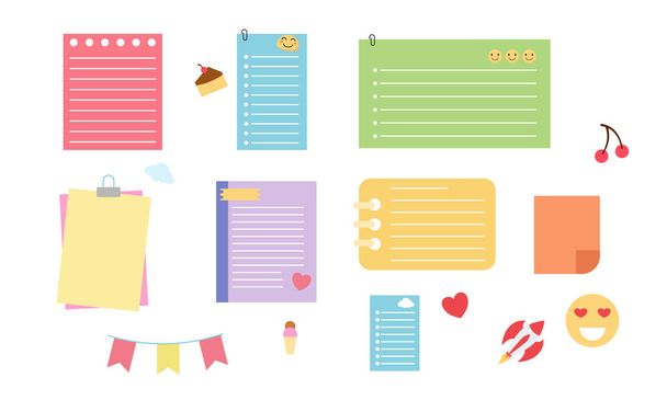 Set of Colorful Cute Vintage Baby Daily Planner Scrapbook Memo Note Paper Schedule Template Sticker Label or symbol set element bundle, Paper sheet with to do list, Isolated Background - Vector, Image