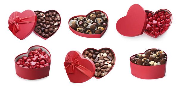 Many heart shaped boxes with tasty chocolate candies on white background, collage design - Fotografie, Obrázek