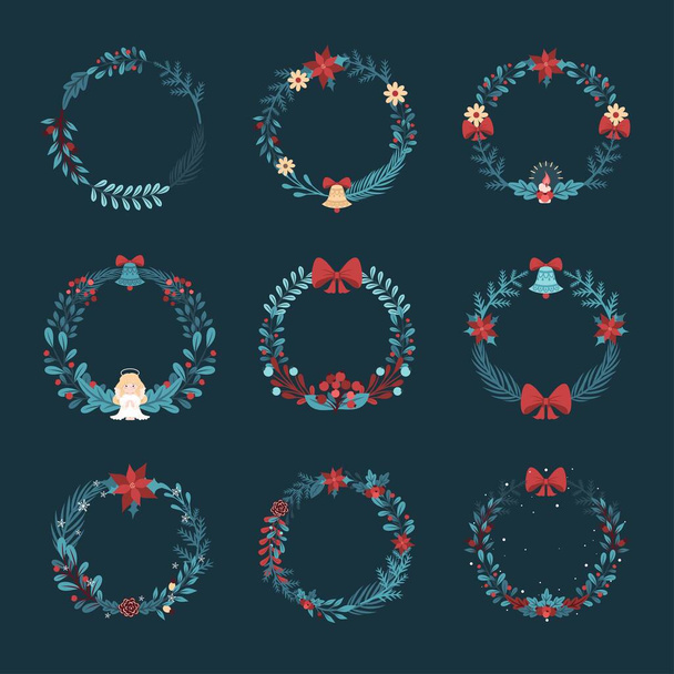 Set of Christmas wreath of branches and flowers. Festive set for the design of plates, cards, letters, postcards. - ベクター画像